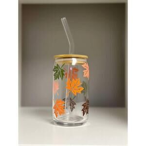 Maple Leaves Glass Can with Bamboo Lid and Glass Straw 16oz